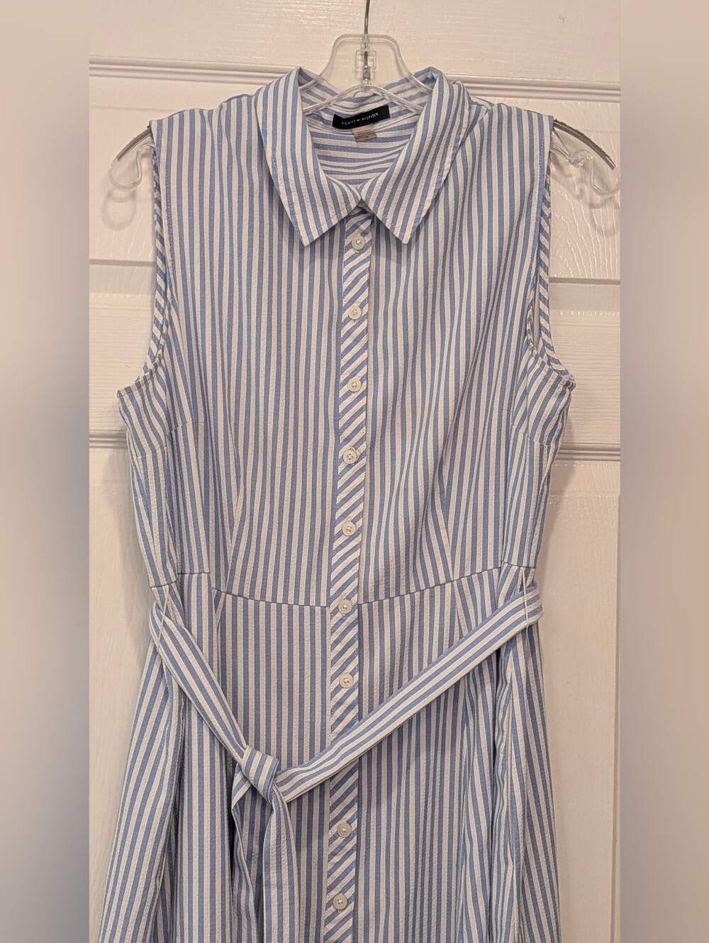 Tommy Hilfiger Seersucker Striped Shirt Dress Belted Sleeveless Size 14 Coatal - Picture 6 of 9